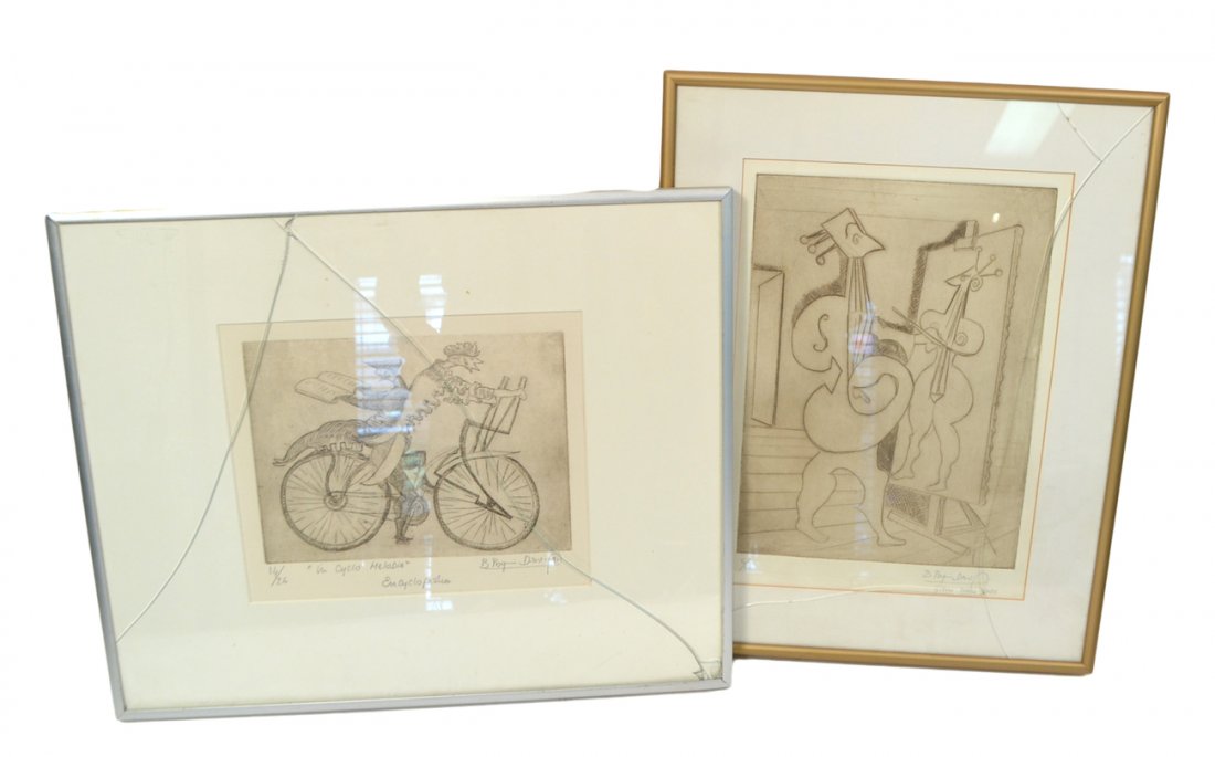 Pair of Framed Etchings: Bruno Pasquier-Desvignes (French). Two etchings, 1.) "Encyclopedia" - "In Cyclo Melodia". 1991, numbered 14/26, signed. [Image: 6" x 8"]. 2.) "Glens, Mars", numbered 5/12 and signed. [10" x 8"]. Both