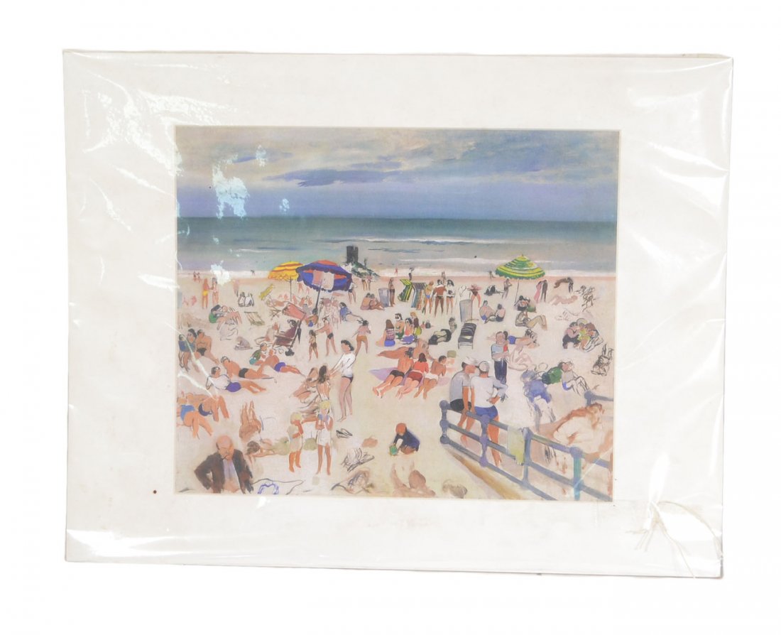 Lithograph Print, View at the Beach: Large, colorful contemporary offset lithograph probably executed by American artist Debra Nicholas features a scene of a crowd at the beach. Unsigned, matted, not framed.