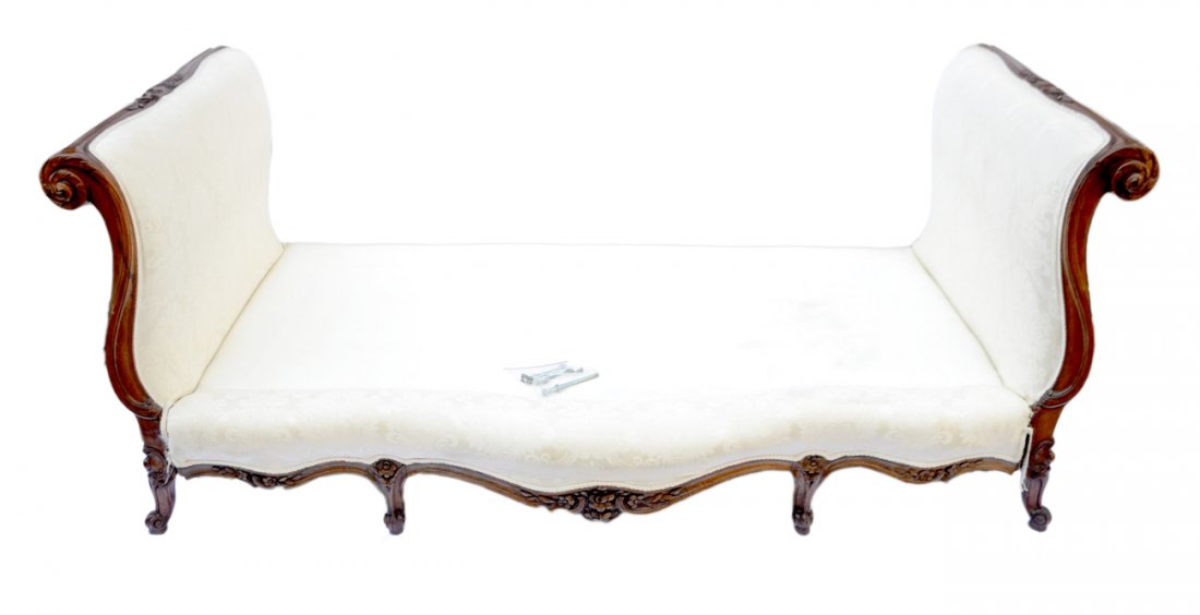 Antique French Provincial Daybed: Carved fruitwood with silk damask upholstery. [86" W x 38" D x 35" H; 18" H to seat].