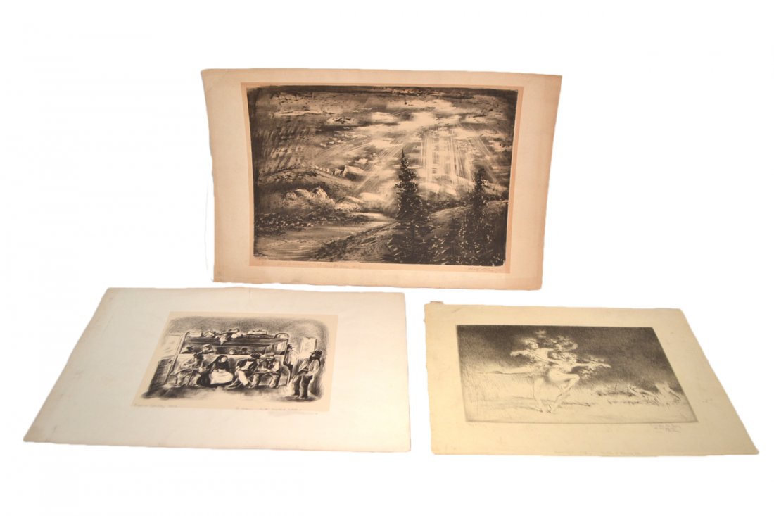 Three 1920s and 30s Signed Prints: Comprises: 1.) Troy Kinney, etching "Moonlight". Signed three times, inscribed, and dated "1920" in bottom margin. 2.) Eugenie Gershoy, lithograph "Third Class Carriage in Spain". Signed, inscribed, a