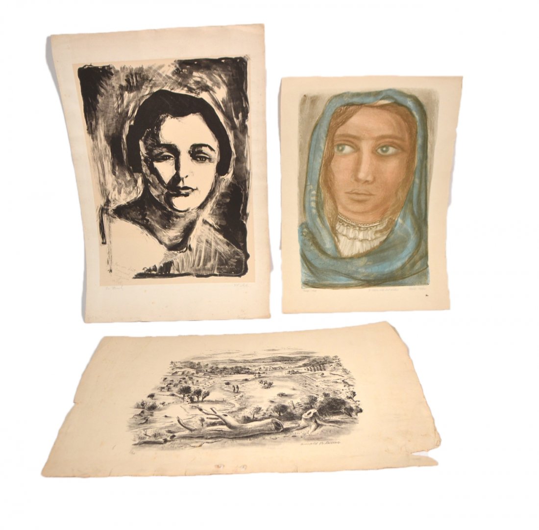 Three 1930s and 40s Signed Prints: Comprises: 1.) Arnold Blanch, lithograph, landscape. Signed and numbered "1/10" in bottom margin. 2.) Mishe Kohn, lithograph, portrait of a woman. Signed, inscribed, and dated "1944" in bottom margin.
