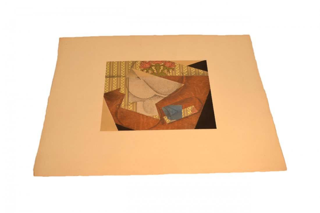 Juan Gris, Pochoir "Le Paquet de Tabac": Pochoir printed in colors, published by Dix Reproductions, 1933, Editions J. Boucher with pencil embellishments. Bears an embossed "J.B." blindstamp at bottom left. [Image: 10 1/4" W x 8 1/4" H ; Shee