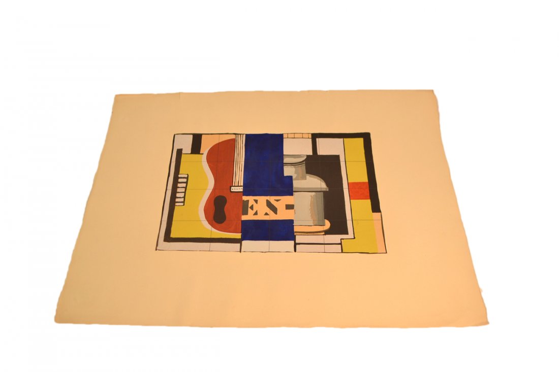 Fernand Leger, Pochoir "L'Encrier": Pochoir printed in colors, published by Dix Reproductions, 1933, Editions J. Boucher with pencil grid overlay. Bears an embossed "J.B." blindstamp at bottom left. [Image: 12" W x 8 3/8" H; Sheet 20 1/