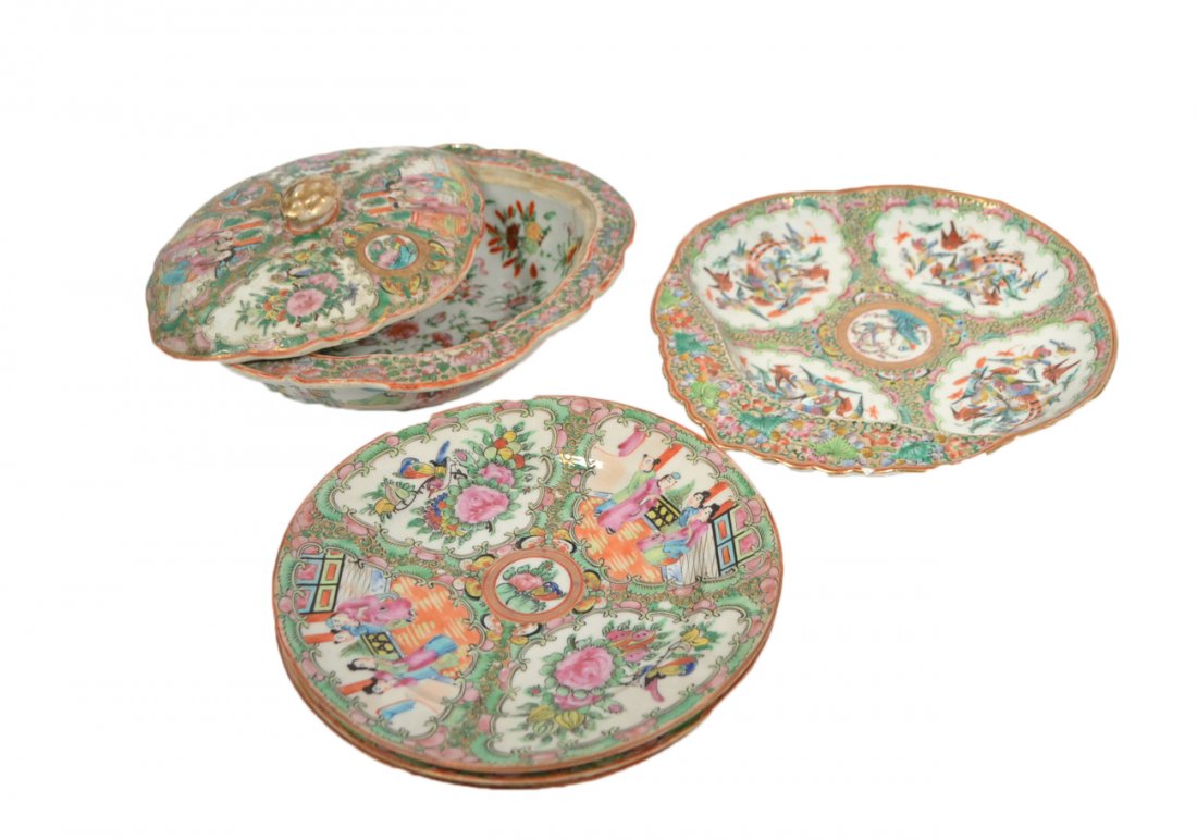 5-Piece Rose Medallion Partial Service: Polychrome and gilt decorated porcelain table pieces comprises covered entree dish, serving bowl, and three plates. Bowl bears large heat crack, serving bowl with numerous chips, plates of a later vin