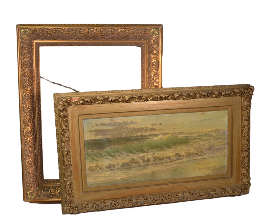 E.M Bickner, Beach and a Frame: Oil on canvas of a beach scene together with a gilt frame. Paint losses and craquelure. Frame "as is". Overall good condition to the other painting's frame. [Art: 28" x 12"; Frame: 34 1/2" x 20 1/2"].