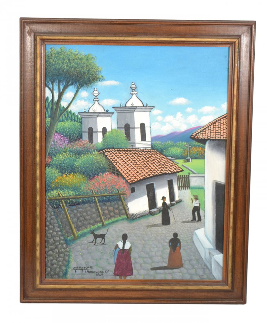 Jose Antonio Velasquez, Oil on Canvas: Church landscape with figures and dog. Signed bottom left "J A Velasquez Honduras CA 1969". [Art: 16 1/2" x 21 1/2"; Frame: 21 1/4" x 26 1/4"]. Good condition.