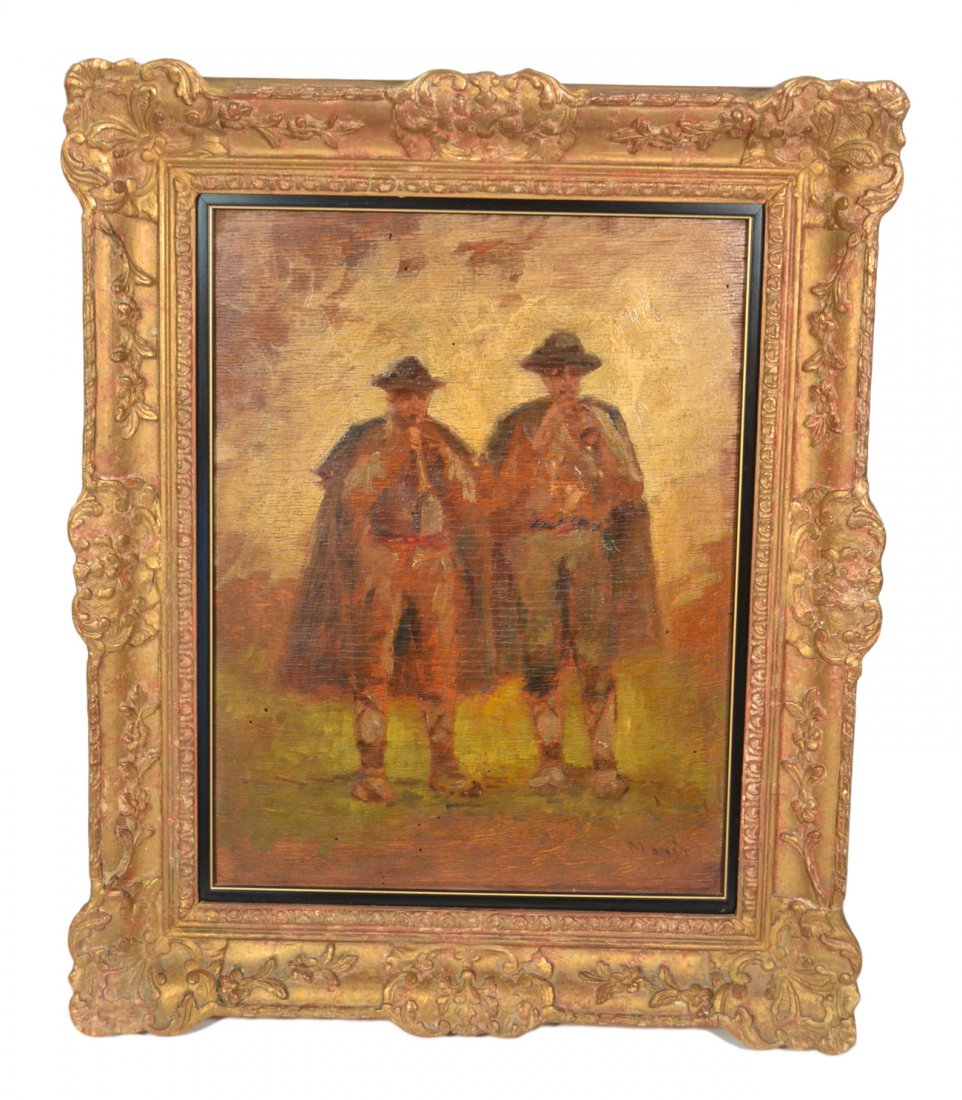 Manet, Oil on Board - Two Musicians: Two male musicians playing horns. Signed lower right "Manet". In 19th century style gilt gesso frame. [Art: 13" x 17"; Frame: 19 1/4" x 23"]. Obvious worm holes, otherwise in good condition.