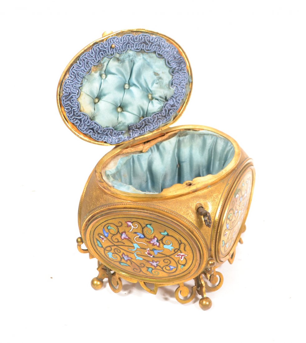 Brass and Enameled Jewelry Box: Decorated hinged box. [7 1/2" x 5" x 5"]. Good condition.