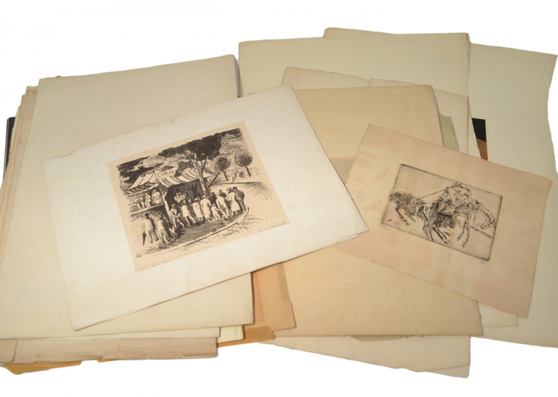 Group of 20th Century Prints: 11 items total. Includes signed prints by: Meyer Oberhardt, J.W. Taylor, Pablo O'Higgins, and others. Accompanied by an unsigned Issachar Ber Ryback and a 1939 Leopoldo Mendez booklet on newsprint con