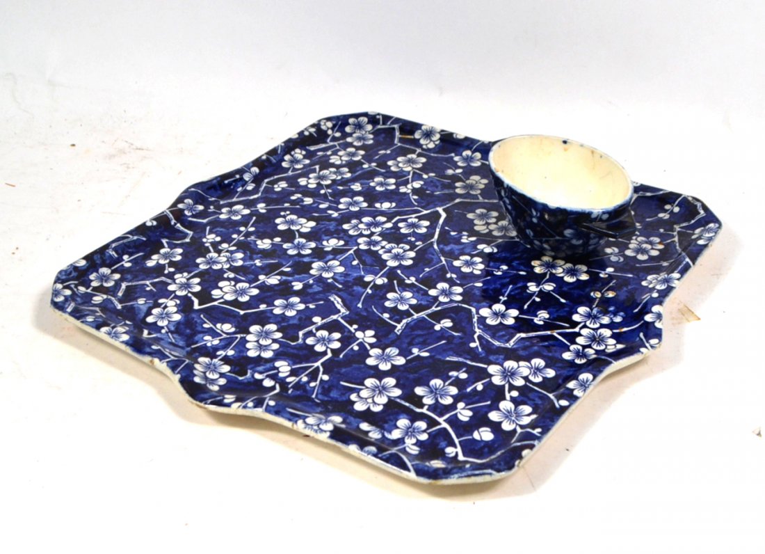 Minton Porcelain Tray with Bowl: Large, Chinese-inspired blue and white porcelain tray and small bowl with oriental motif in a dark blue ground. Stamped "Minton" on back. [Tray: 14 3/4"]. Some crazing evident, otherwise in good condi