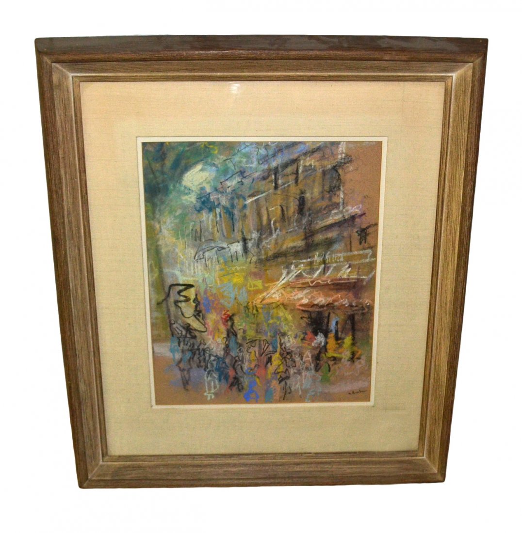 Norman Raebin, Pastel: City scene. Matted and framed. [Art: 15 1/2" x 9"; Frame: 32" x 29"]. Good condition.