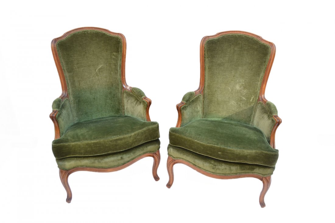 Pair Jansen Bergeres: Louis XV Provincial style fruitwood green and velour upholstered armchairs. Bottom dust cover stamped "Jansen - Paris". Good vintage condition.