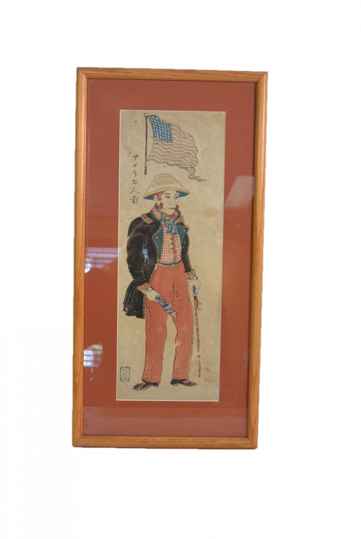 Antique Ukiyo-E "American Officer": Standing full-length depiction of an american naval officer wearing an Asian hat under an American flag. Bear calligraphic inscription and artist's stamp. [Art: 16 3/4" W x 6" H; Frame: 11" W x 22" H]