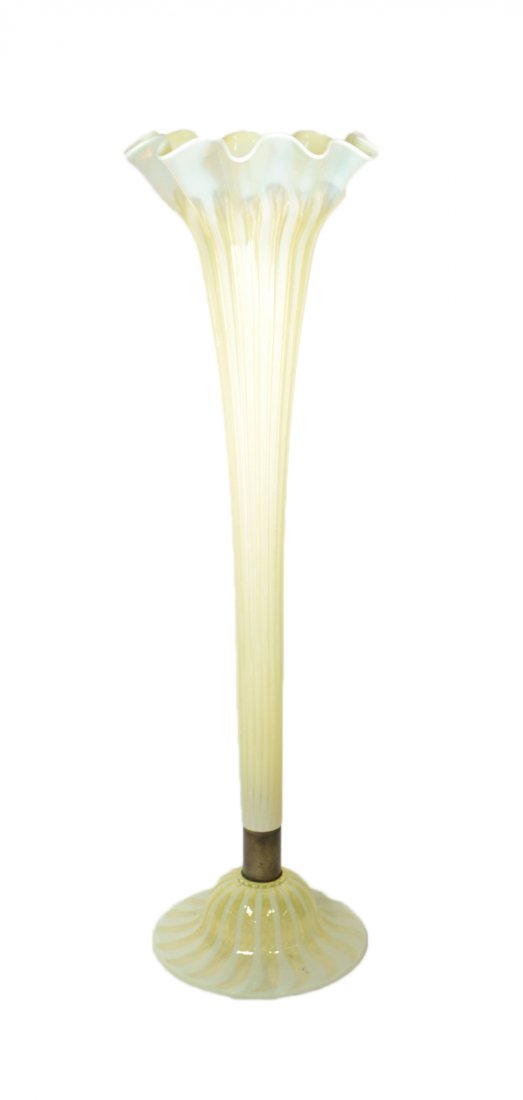 Modern Opaline Fluted Vase: French scallop-form yellow and blue vase. [11" Dia x 37 3/4" H].