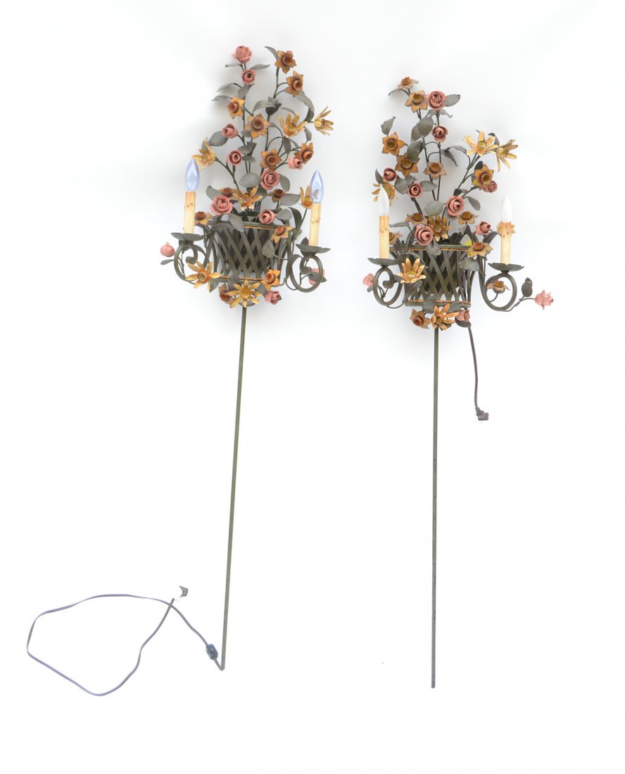 Pair Floral Basket Sconces: Pink, yellow tole painted sconces in a green tole basket. [14 1/4" W x 7 1/4" D x 54" H]. Good condition.