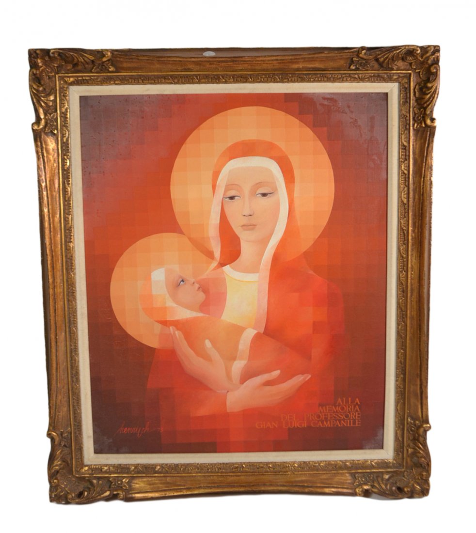 Henrych, Oil on Canvas- Madonna and Child: Modernist study of Madonna and child signed lower left "Henrych", and inscribed "Alla Memoria De Professore Gian Luigi Campanile". [Art: 19 1/4" W x 23 1/2" H; Frame: 25" W x 29 1/2" H]. Good vintage