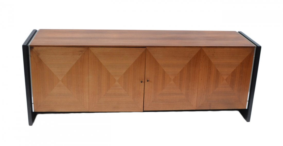 John Stuart Credenza: John Stuart modern walnut credenza/cabinet. [77" W x 20" D x 28 3/4" H]. Minor surface scratches, otherwise good condition.