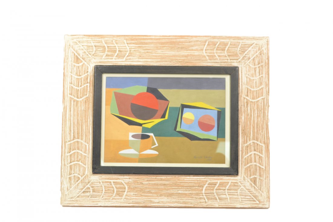 Kenneth Stubbs - Abstract Still Life: Gouache abstract still life with coffee cup. Signed lower right Kenneth Stubbs 1960. In a period carved and lined wood frame. [Art: 10 3/8" W x 7 3/8" H; Frame: 18" W x 15 H]. Good condition.