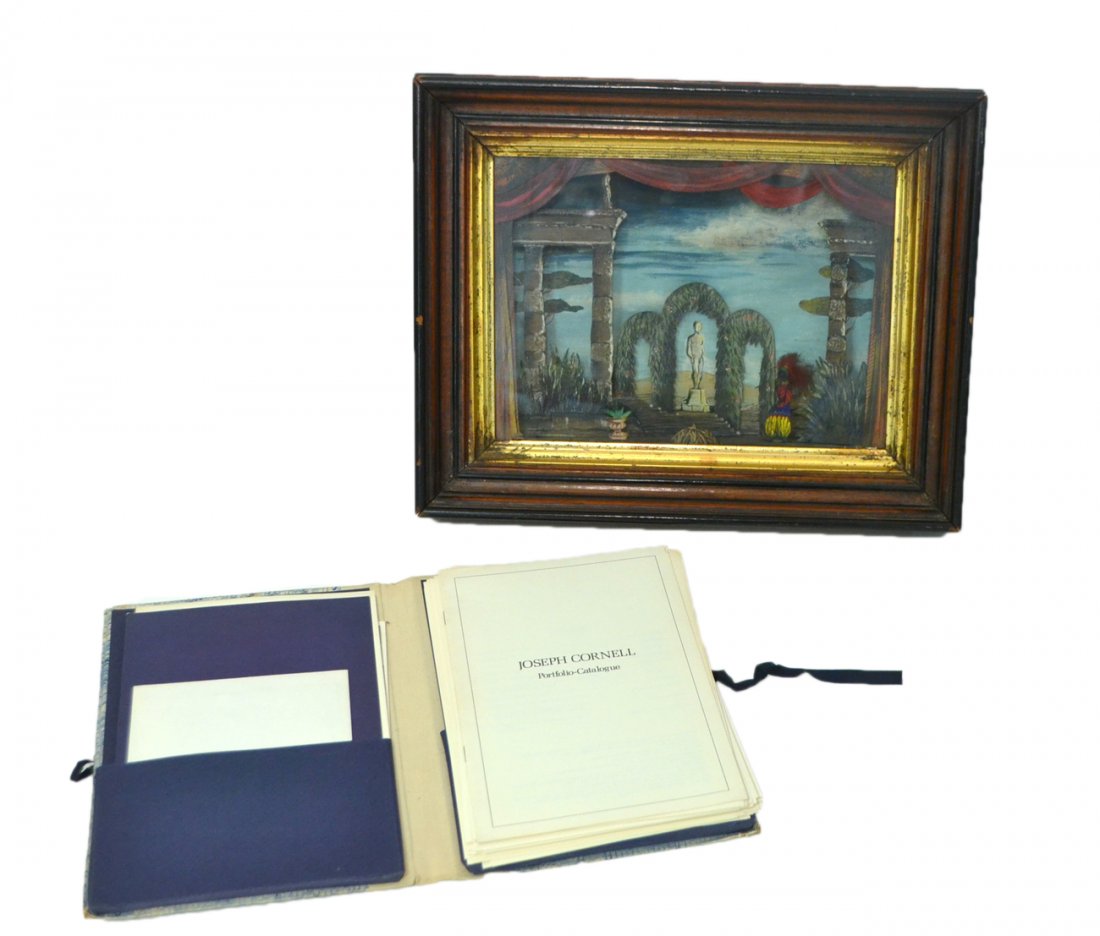 Manner of Joseph Cornell, Shadow Box 3-D: Depicts an ancient Roman courtyard with blackamoor figure. All elements cut-out and hand painted. Unsigned. Not inspected disassembled. [14 1/2" W x 3 7/8" D x 11 5/8"]. Light wear. Accompanied by a 1