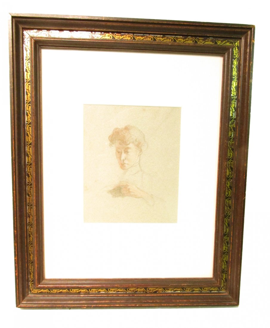 J. Alden Wier, Pastel and Pencil: Bust-length, 3/4 profile portrait of Mrs. J. Alden Weir on grey paper. Unsigned. [Art (sight): 6 1/2" x 8"; Frame: 15 1/4" x 18 3/4"]. Verso bears a Christie's Gallery label. Accompanied by a 1984 not