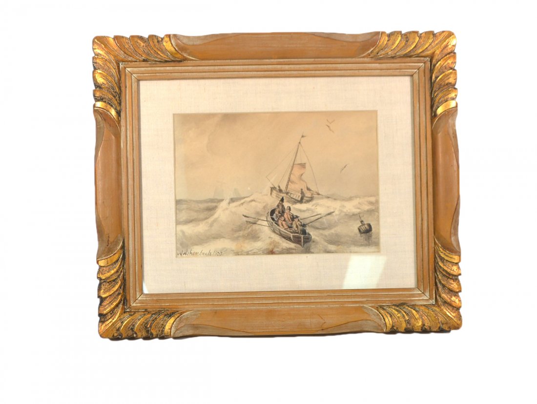 Andreas Achenbach, Watercolor: Andreas Achenbach (German, 1815-1910). "Rowers at Sea". Watercolor and gouache on paper. Signed and dated 1837, lower left. Framed. [Sight: 7 1/8" x 10"].