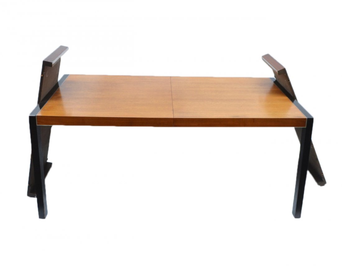 John Stuart (attributed) Dining Table: Large walnut dining table with two leaves. Attributed to John Stuart. [89" W x 40" D x 28 1/2" H]. Good condition, wear commensurate with age.