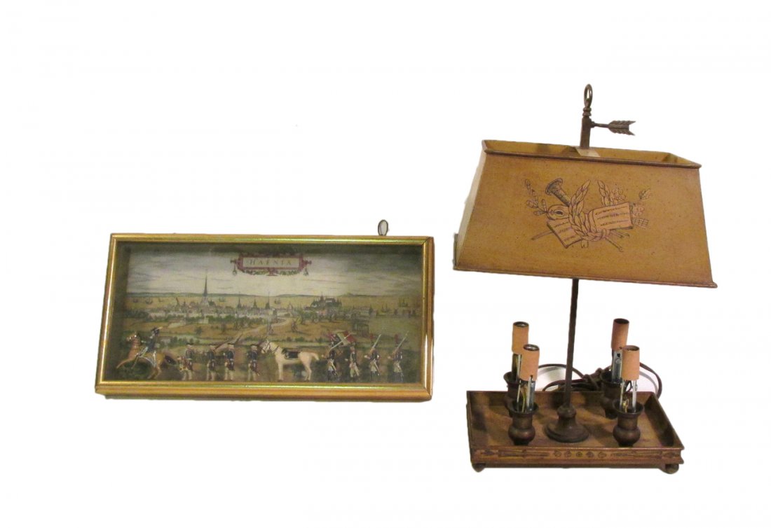 Lamp and Toy Soldiers in a Frame: Comprises: 1. Lamp with metal shade and four candle lights. [18" H]. 2. Horses and ten soldiers in a shadow box frame. [17 1/2" x 8 1/2"].