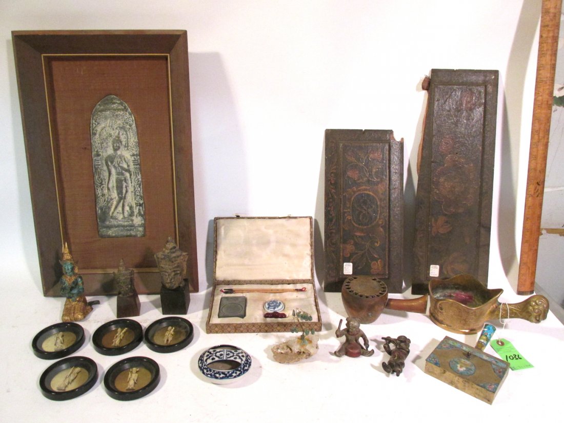Chinese Lot: Group of immortal coasters, artist set, diety bronze, two bronze handled pots, bronze figure with musical instruments, two bronze busts on plinth, two panels, bronze drummer, framed bas-relief jade tr