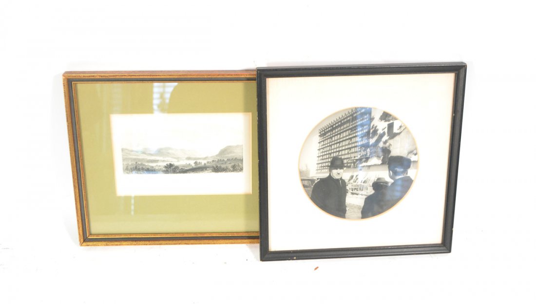 West Point Print and Abstract Photograph: Print of West Point and its fortifications, circa 1780, and a photograph of the erection of the Stefan Knapp mural in Paramus, NJ. Both matted and framed . [Print size: 4 1/2" x 7 5/8"; Frame: 9 3/4"
