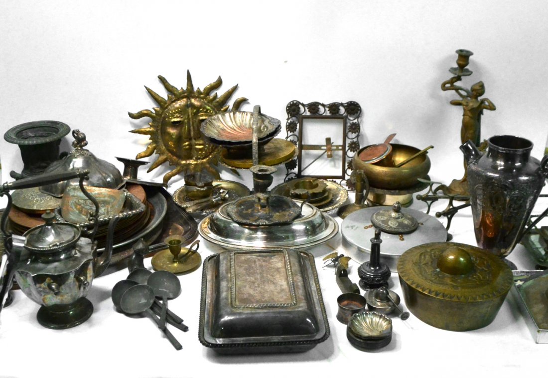 Vintage Mixed Metal Lot: Comprises: 1.) 7 sterling plate articles including a teapot, pitcher, hot cocoa, magnifying glass, and others, 2.) Tole tray with leafy grape bunch decor [17 /2" W x 13" D], 3.) Pair of contemporary c