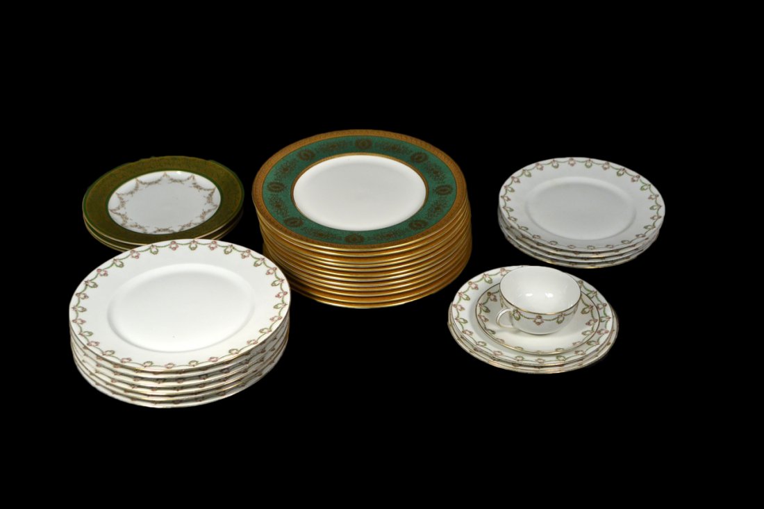Assortment of English and French China: Assembled French earthenware dinner service of foliate and bird decoration. Most pieces are marked "Moustiers Fait Main". Service comprises of: covered tureen, 8 dinner plates, 7 luncheon plates, crea