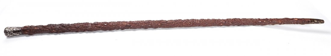 Silver Mounted Walking Stick: Natural burl cane with silver handle, depicting Chinese life with hall marks.