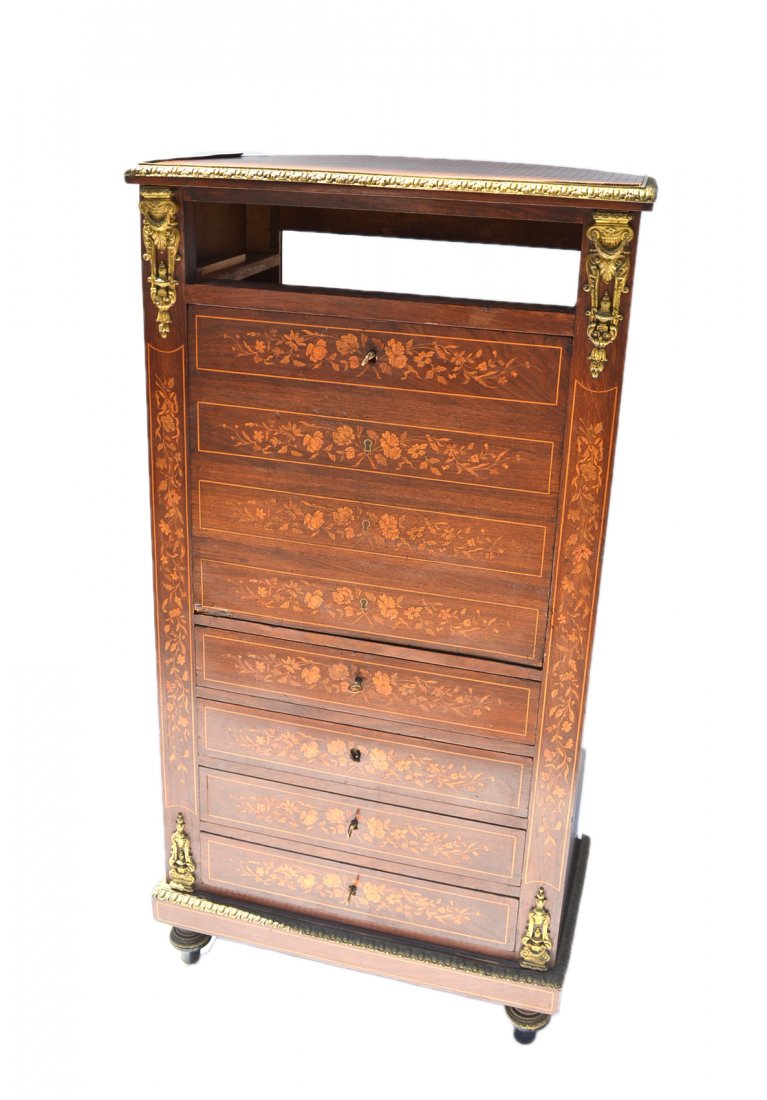 Inlaid Abattant Desk: A bronze mounted inlaid desk with four drawers below, modified to contain a flat screen, stereo cabinet and lacking original interior.