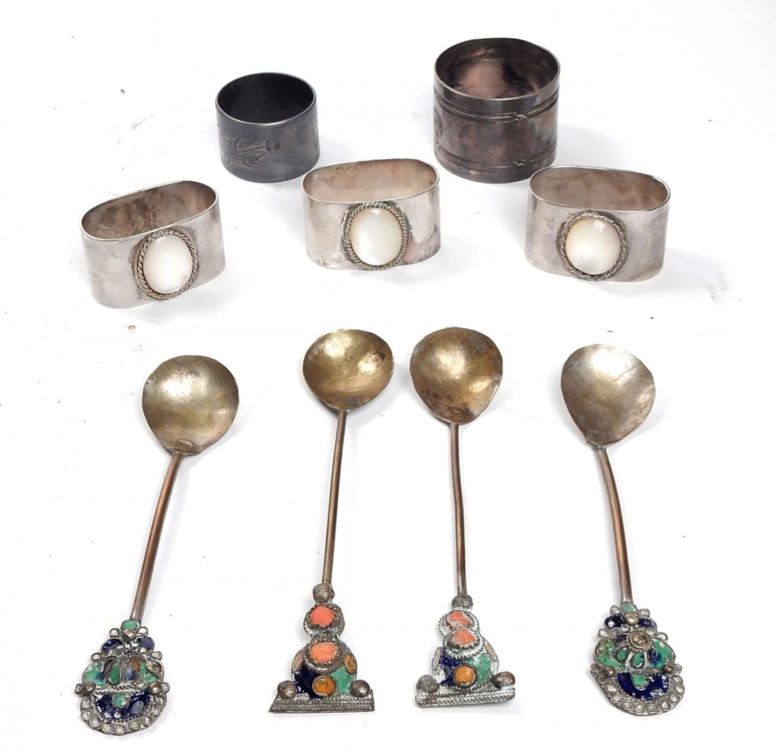 Assorted Lot - Some Sterling: Group including five napkin rings and four bejeweled spoons.