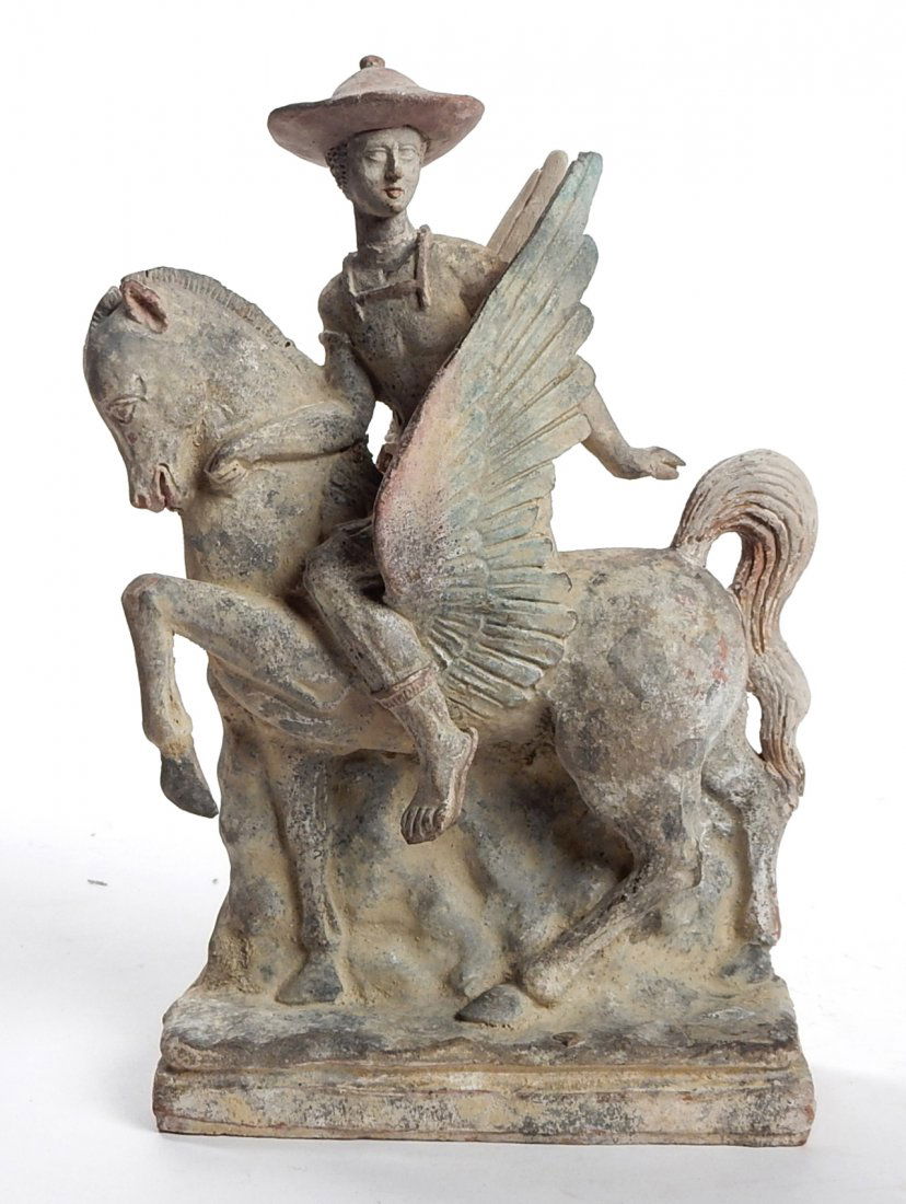 Ancient Earthenware Pegasus: Terracotta sculpture woman atop Pegasus with light box. [7"].