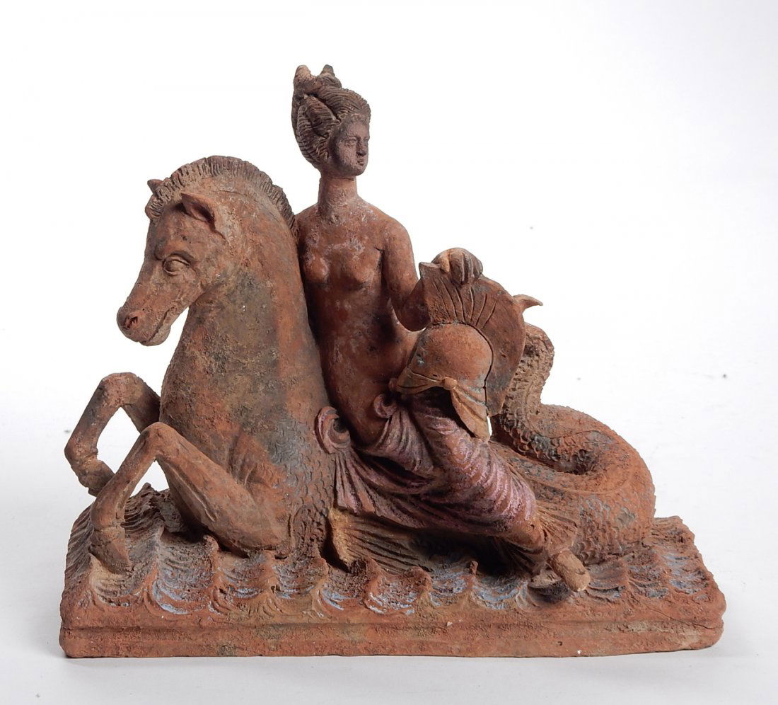 Earthenware Amphitrite Group: Ancient figure of Amphitrite on a seahorse. [6 1/8" x 7 1/8"].
