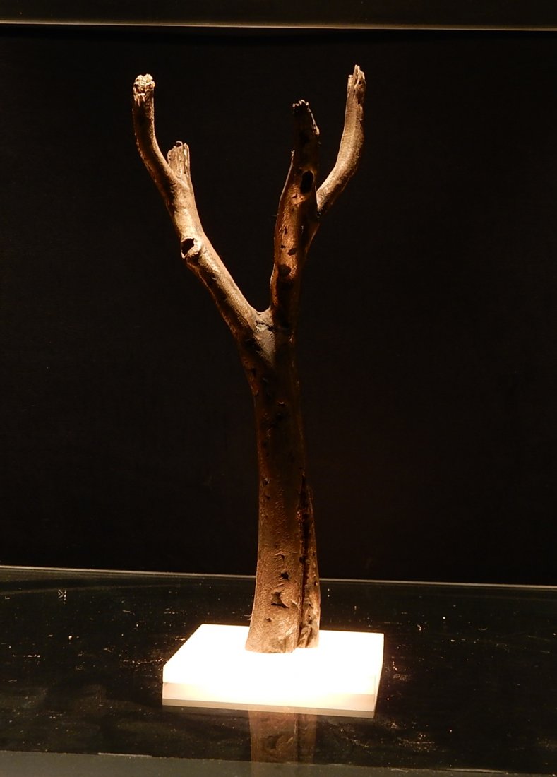 Charles Lamb Bronze Tree Branch: Naturalistically modeled and chased bronze branch with hollow and oxidized spots. Molded on white Plexiglas square base. [Overall: 10" H]. Very good condition.