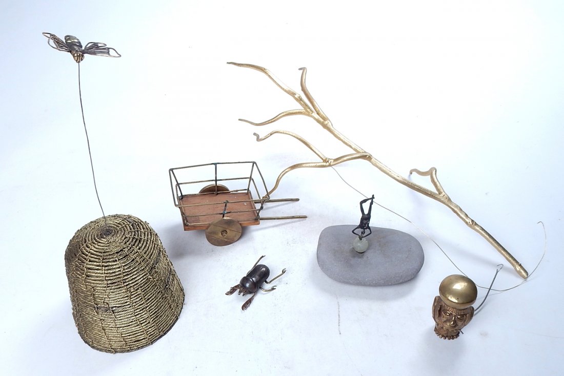 Charles Lamb - Six Sculptures: Comprises gilt bronze branch, squat figure of a man, bumble bee with hive, man balancing a pebble, miniature cart and a model of a beetle. [Tallest: 15"]. All sold as is.