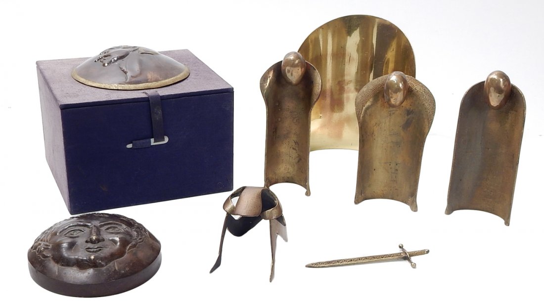 Charles Lamb - Four Works: Comprises: 1.) Four-part bronze abstract figural group. 2.) Abstract bronze seated figure along with long sword, 3.) Patinated bronze cover, 4.) Circular plaque mounted on box. [Tallest: 5 3/4" H]. Al