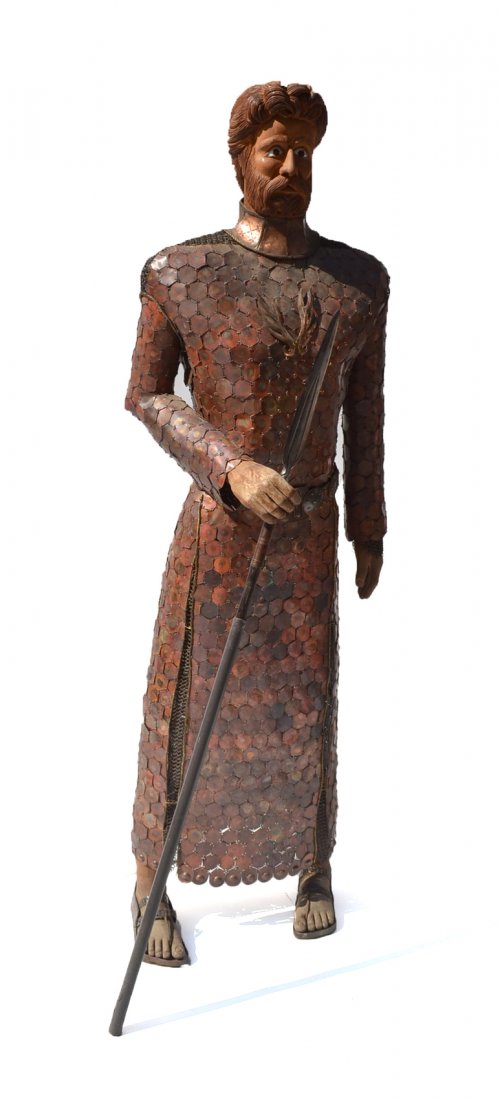 Wood, Bronze & Copper Sculpture -Knight: "Knight" [6' 8"] having carved wood head, hands and feet. Having copper septagon mesh panels, a bronze belt and chain mail copper flames on chest wearing bronze sandals and appropriated spear. [80" x 