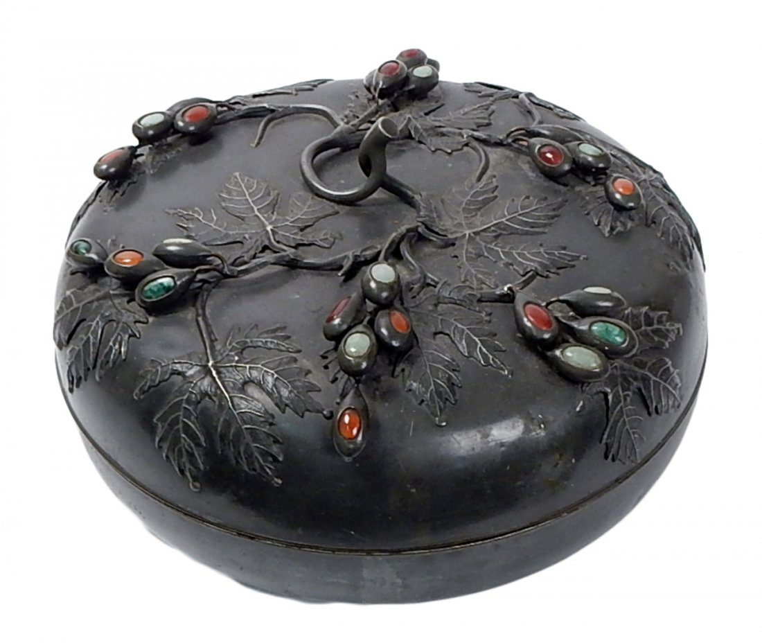 Pewter Sewing Box: Mounted with jade and carnelian stones. [12" Dia.]. 26 stones total.