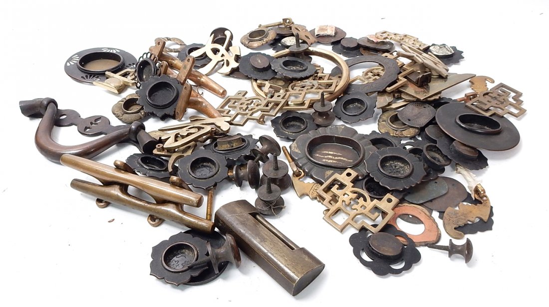 Large group of Asian Hardware: Includes a variety of metal mounts, door handles, etc. (80+ pieces). All sold "as is".