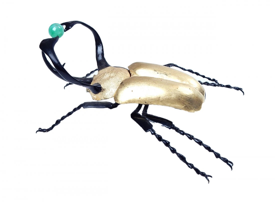 Mixed Metal Beetle Box: Gilt and black painted beetle with hinged top and small jade ball resting between two antennae. [8" W x 6" D x 3 1/2" H]. Good condition.