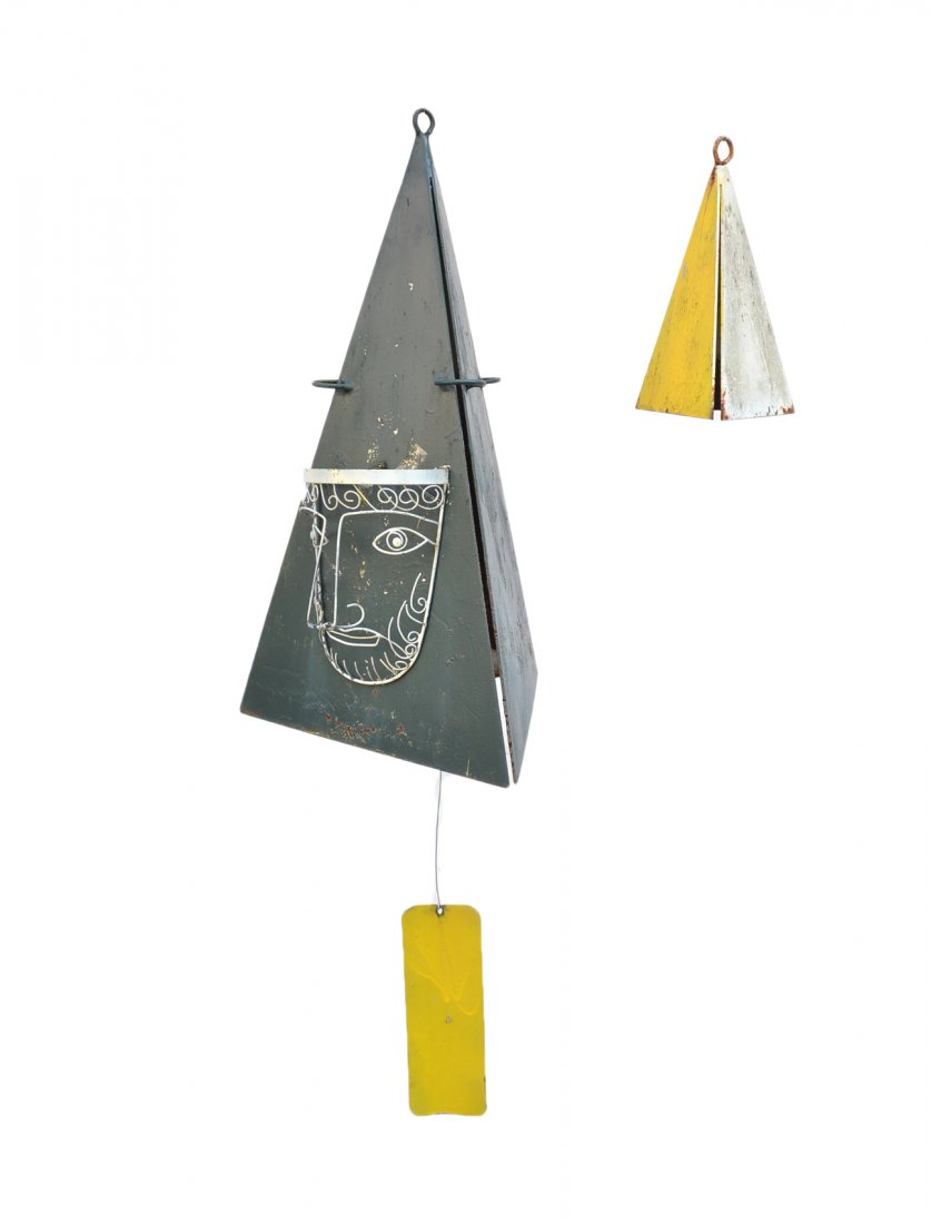 Two Triangular Chimes: Two triangular metal chimes, one with wire sculpture of bearded face. [24 1/2" x 14" & 11" x 10"] Condition: weathered and rusted