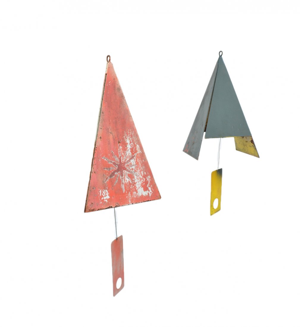 Two Triangular Chimes: Two triangular metal chimes, one with wire sculpture of face. [25 1/2" x 14" & 19" x 10"] Condition: weathered and rusted