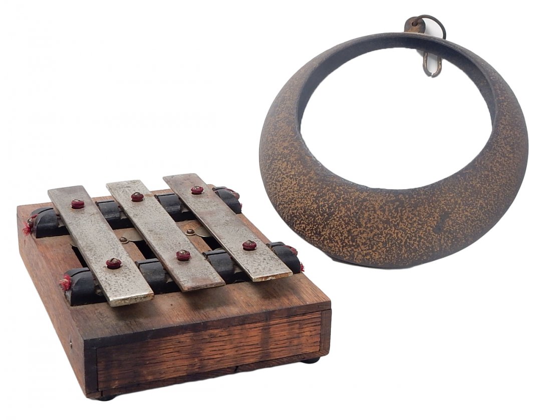 Lot of 2 Items: Candleholder, Chime: Two pieces includes 1.) Iron crescent hanging candleholder [11" Dia], 2.) Deagan hand chime [7 1/4" x 10 1/2"]. No mallet.