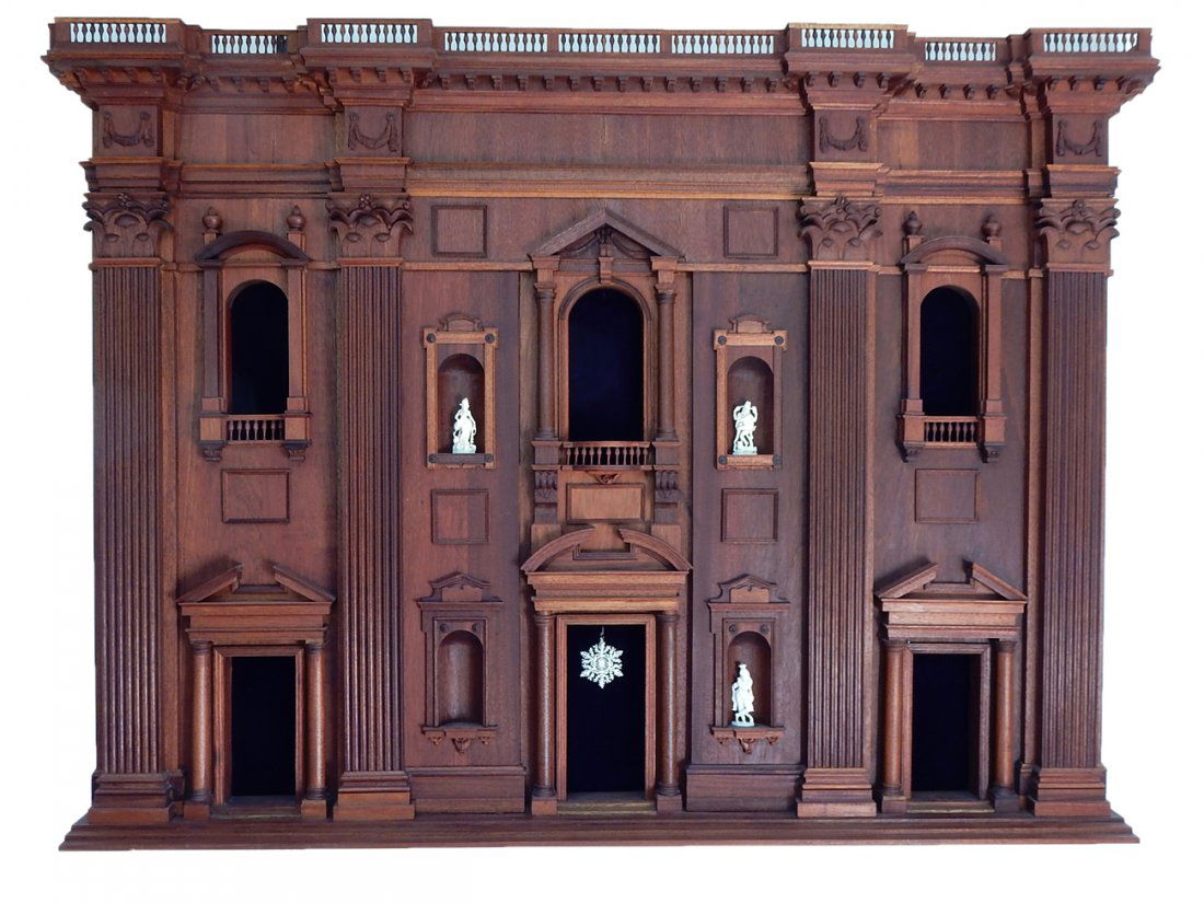 Large Architectural Model: Wall-mounted facade of a Palladian building, with ivory figures in niches. Built by Charles Lamb from handmade pieces. [68" W x 6" D x 50 1/2" H]. In good condition.