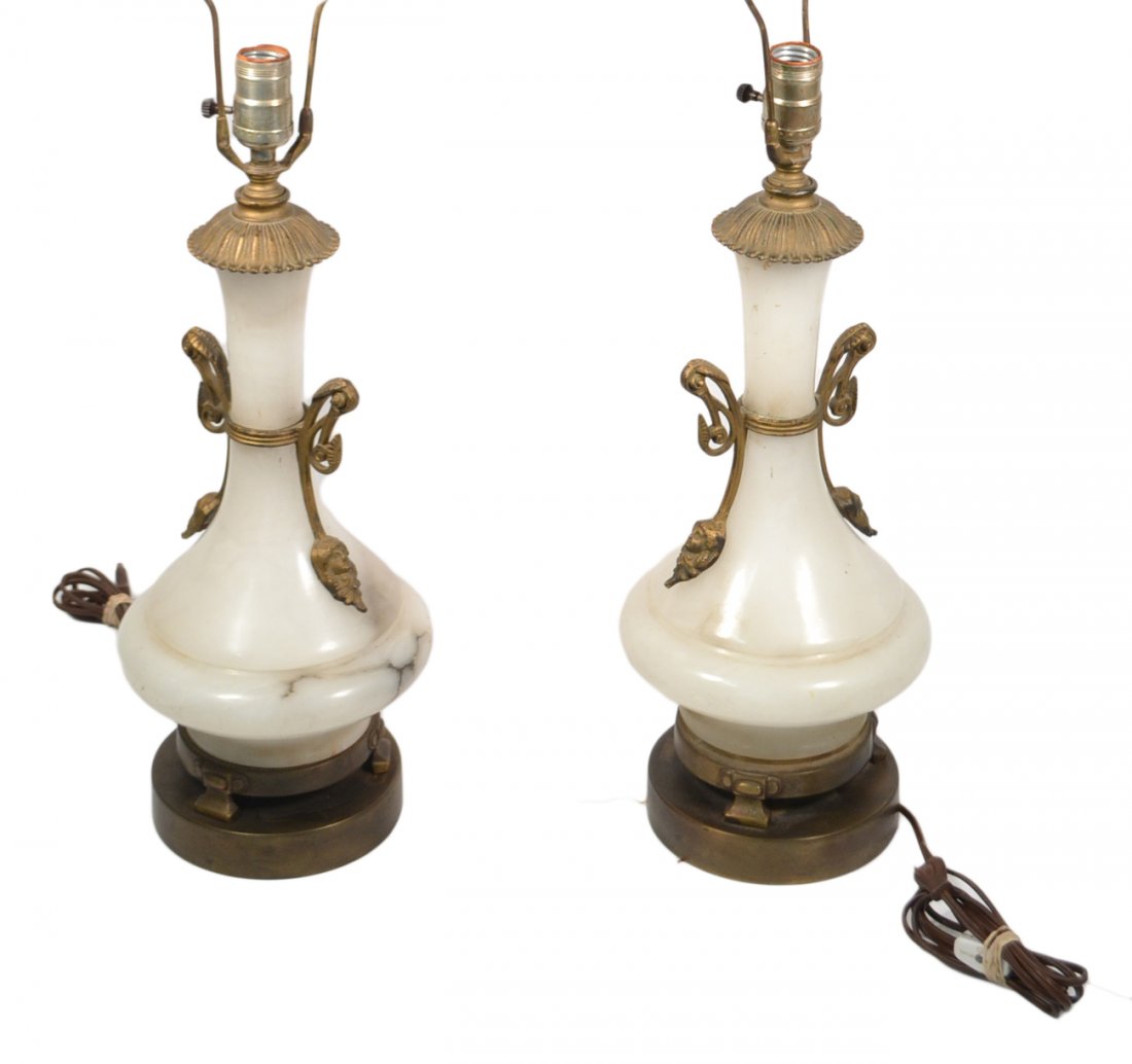 Pair Alabaster Lamps: Pair of gilt bronze and alabaster lamps. [20" H to socket].