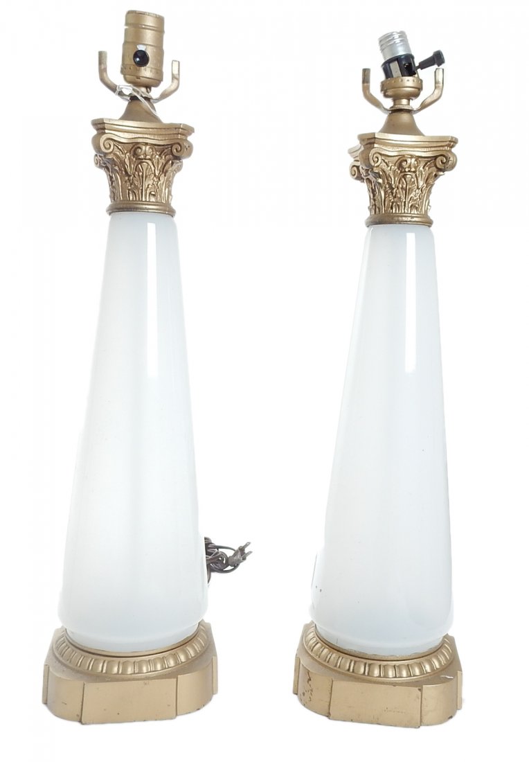 Pair of Opaline Glass Table Lamps: Pair of opaline glass table lamps. [Approx: 22" H]. In good condition, wiring not tested.