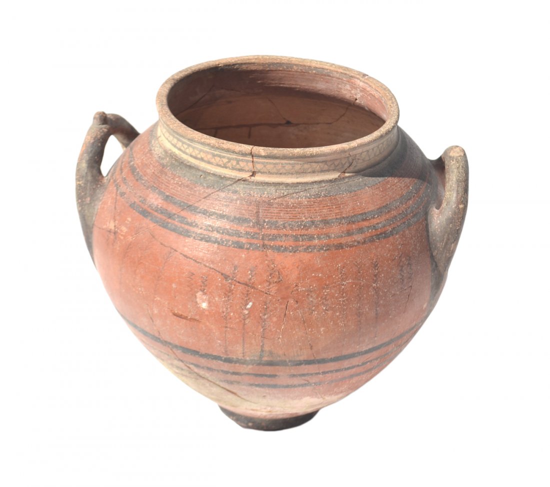 Large Terracotta Pottery Jug: Large ancient-style terracotta two-handled jug with ancient Egyptian/Mayan style decoration. [17 1/2" H]. Some cracks, sold "as is".